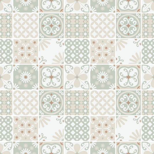 Vintage Folk Tiles – Sage Green Wallpaper⁠