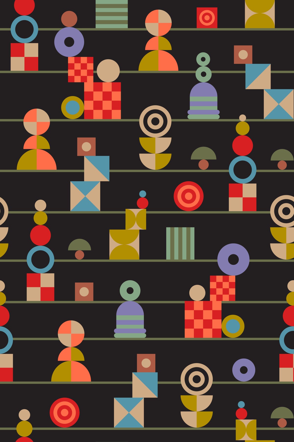 Stacking Retro Geometric Shapes Stripes Multicolored Charcoal Wallpaper⁠