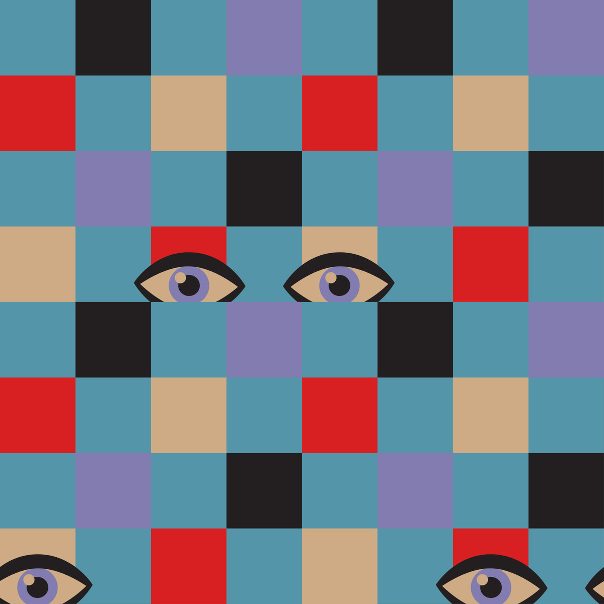 Peekaboo Retro Eyes Checkerboard Red Cream Purple Black Baby Blue Wallpaper⁠ in your room — zoomed