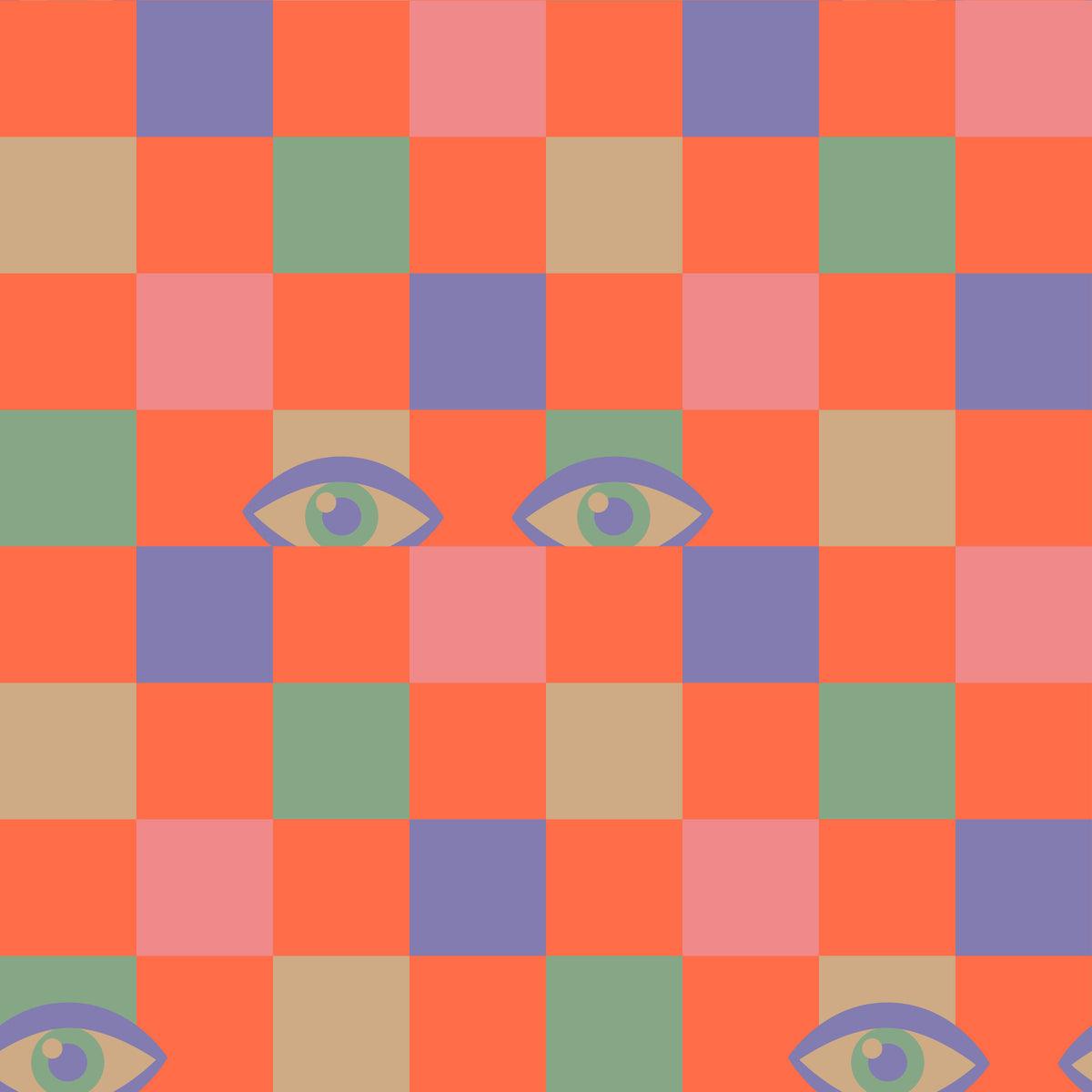Peekaboo Retro Eyes Checkerboard Pink Cream Purple Mint Coral Orange Wallpaper⁠ in your room — zoomed