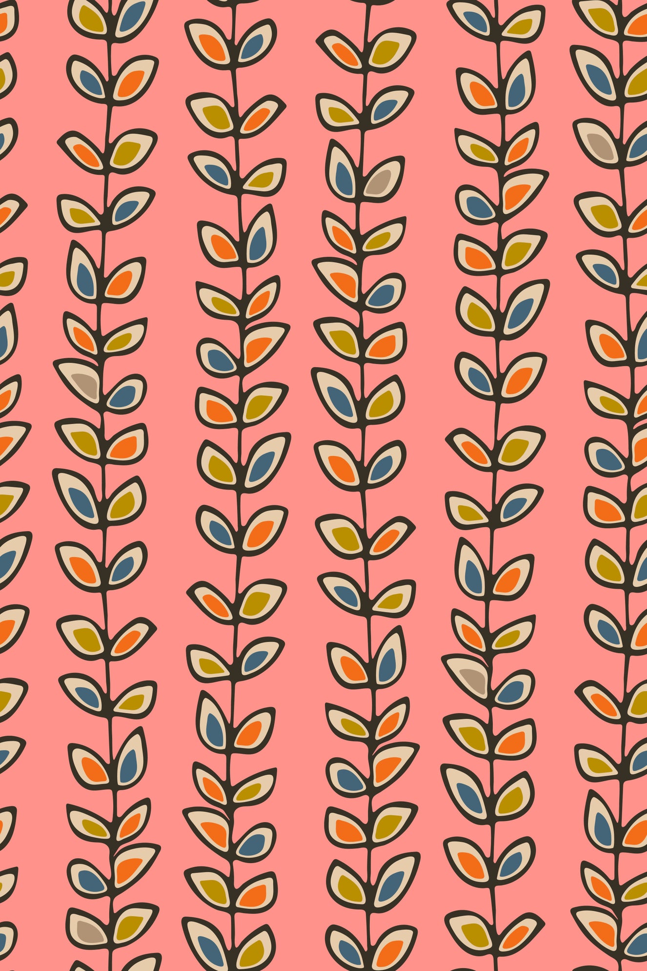 Climbing Vines Stripe Retro Leaves Pink Wallpaper⁠
