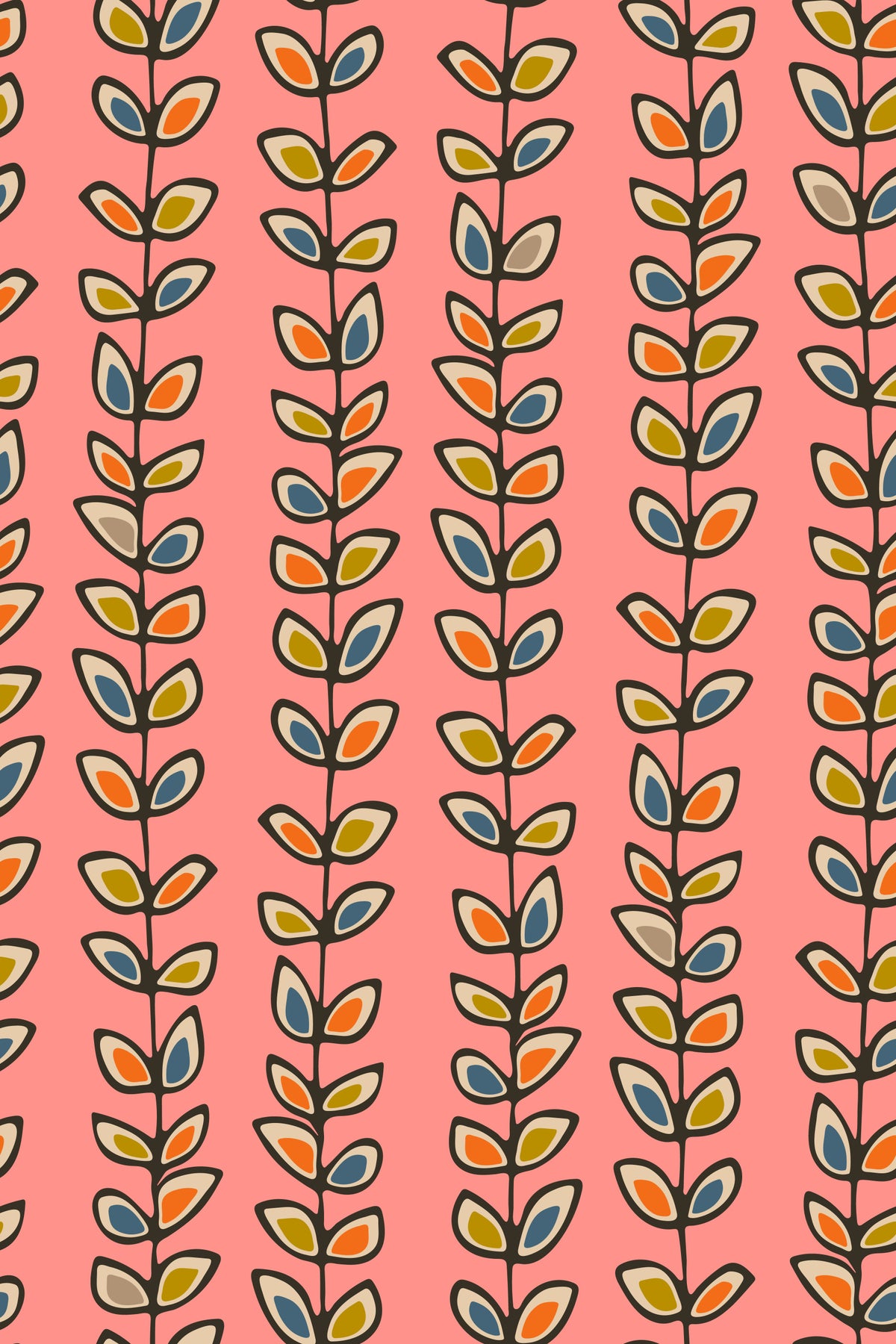 Climbing Vines Stripe Retro Leaves Pink Wallpaper⁠