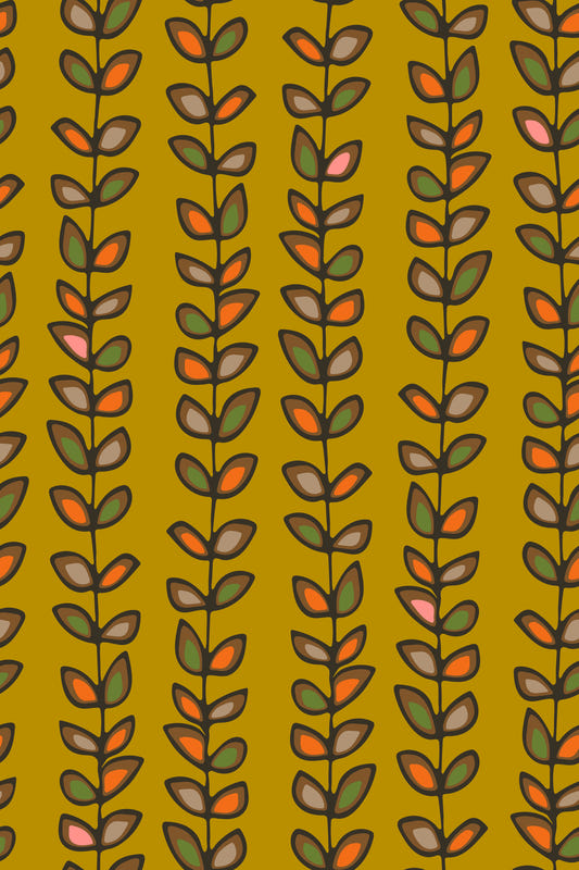 Climbing Vines Stripe Retro Leaves Mustard Yellow Wallpaper⁠