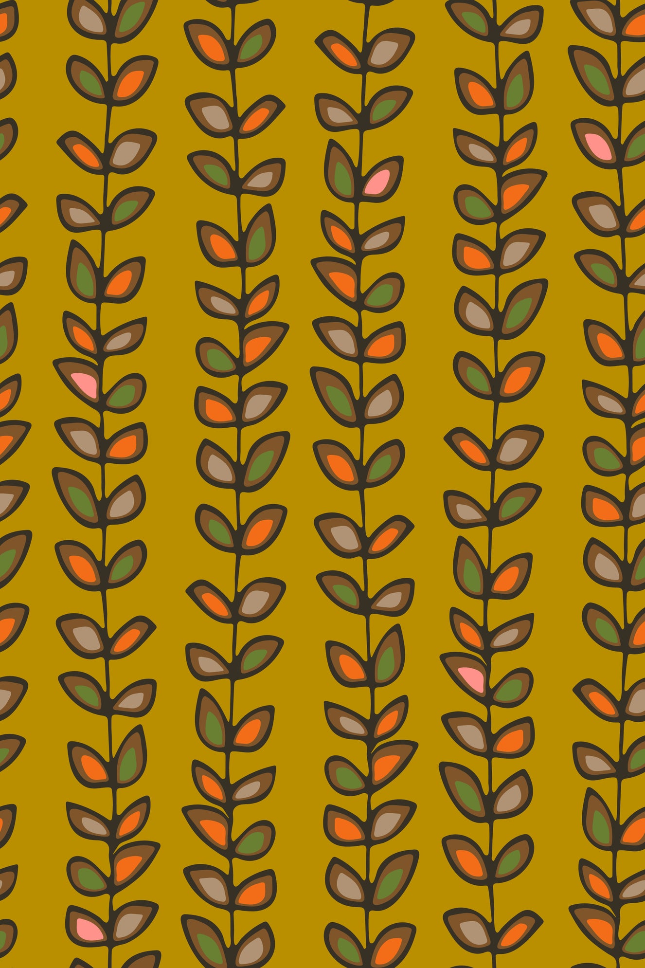 Climbing Vines Stripe Retro Leaves Mustard Yellow Wallpaper⁠