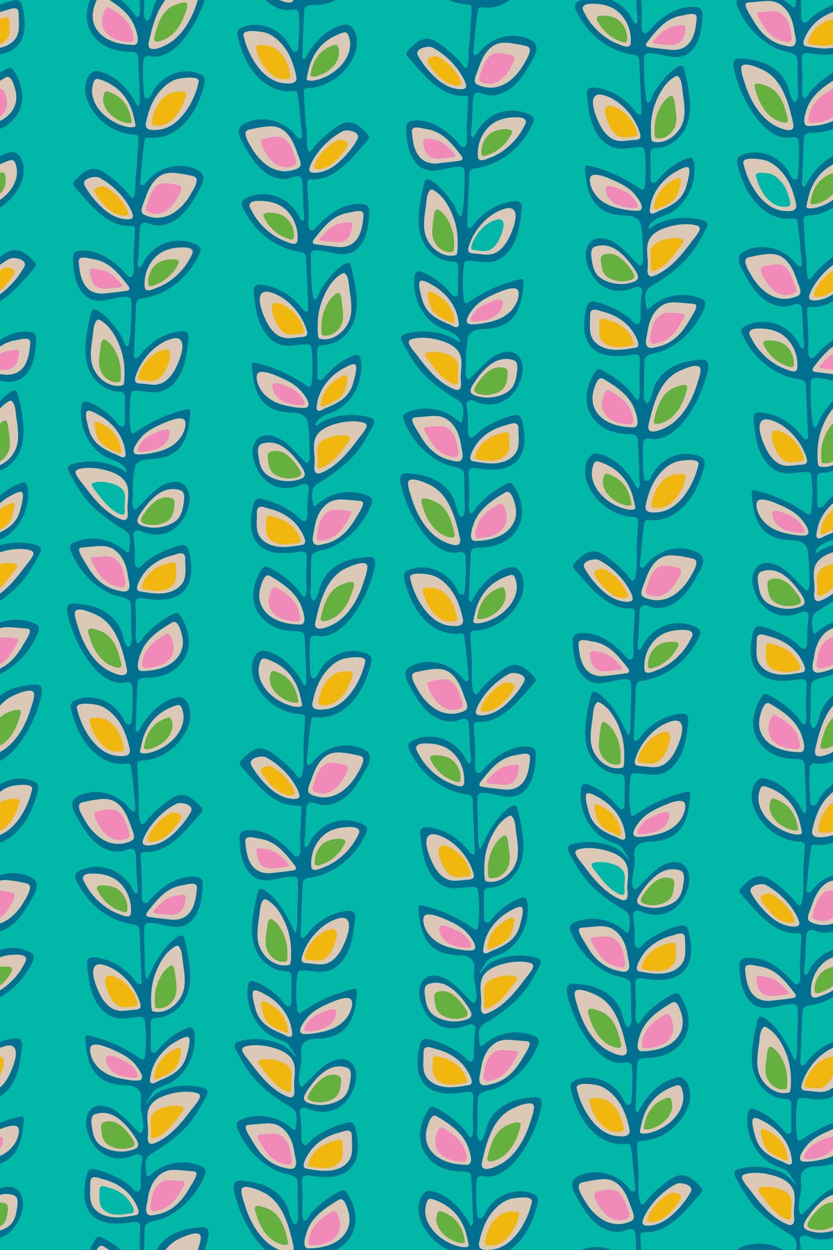 Climbing Vines Stripe Retro Leaves Turquoise Wallpaper⁠
