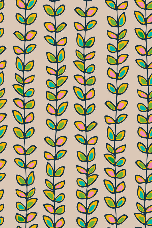Climbing Vines Stripe Retro Leaves Off-White Wallpaper⁠