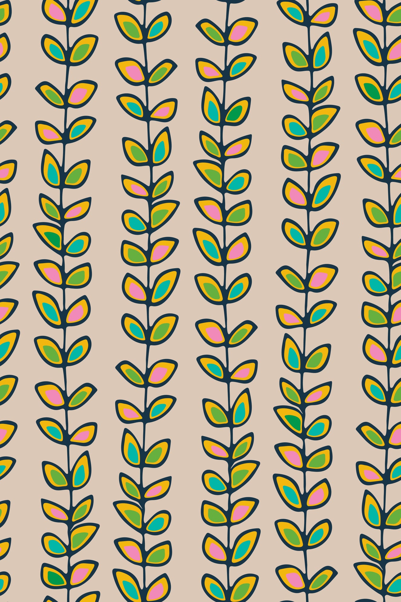 Climbing Vines Stripe Retro Leaves Off-White Wallpaper⁠
