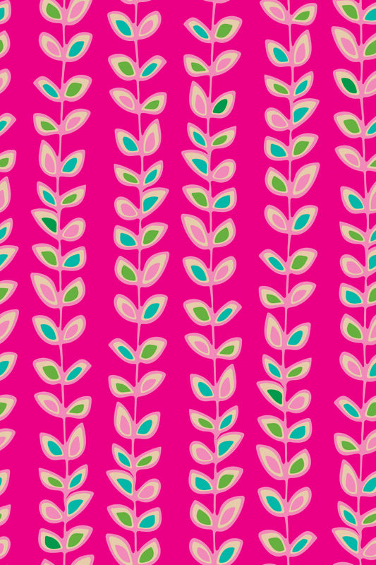 Climbing Vines Stripe Retro Leaves Fuchsia Pink Wallpaper⁠