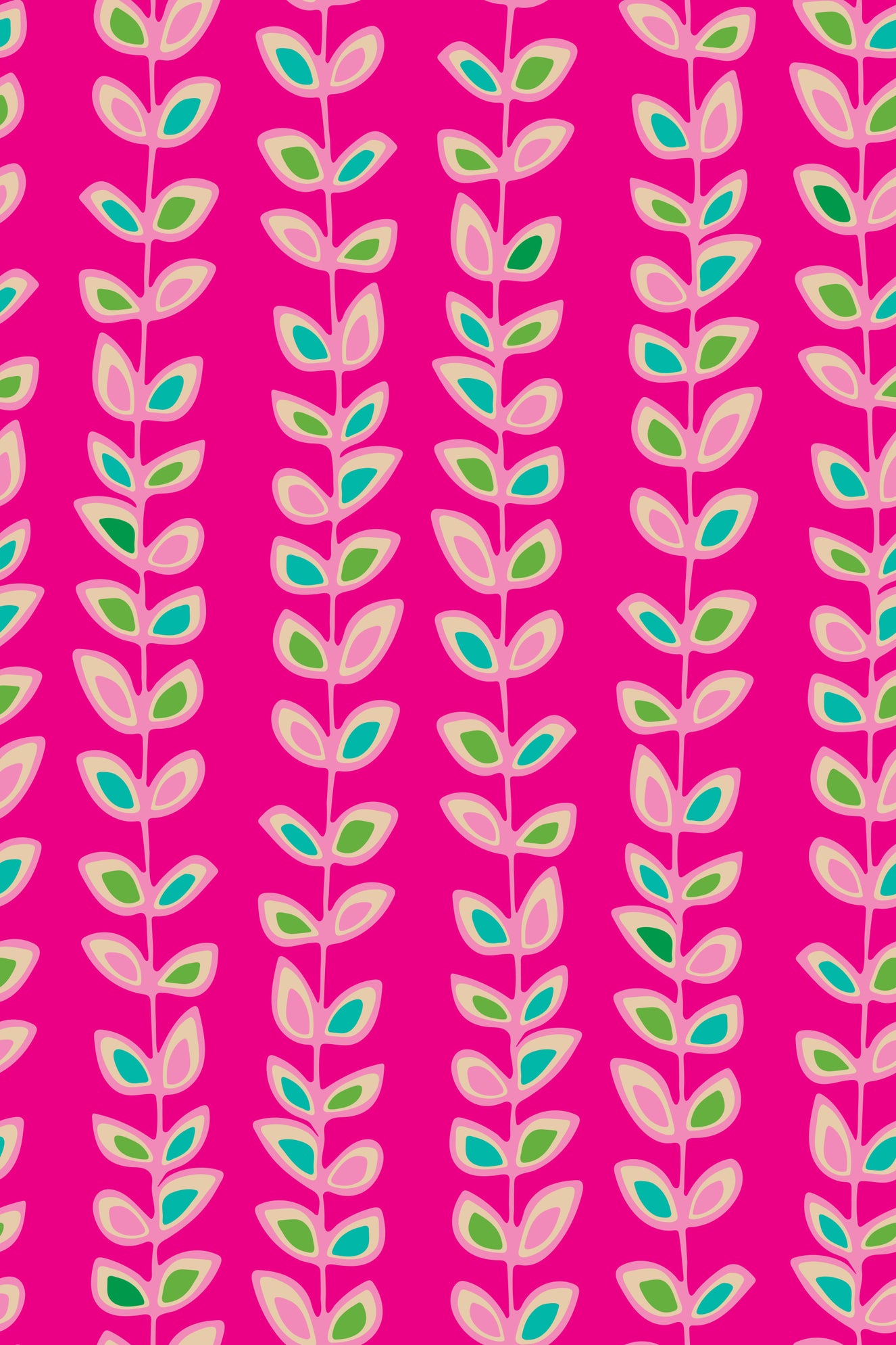 Climbing Vines Stripe Retro Leaves Fuchsia Pink Wallpaper⁠
