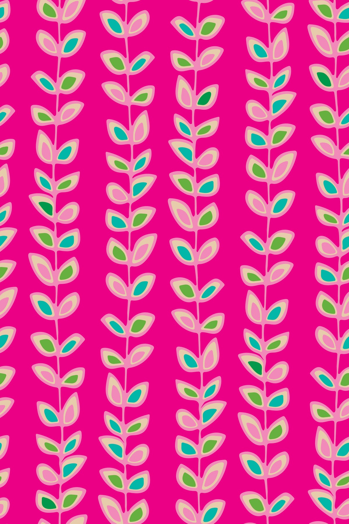 Climbing Vines Stripe Retro Leaves Fuchsia Pink Wallpaper⁠