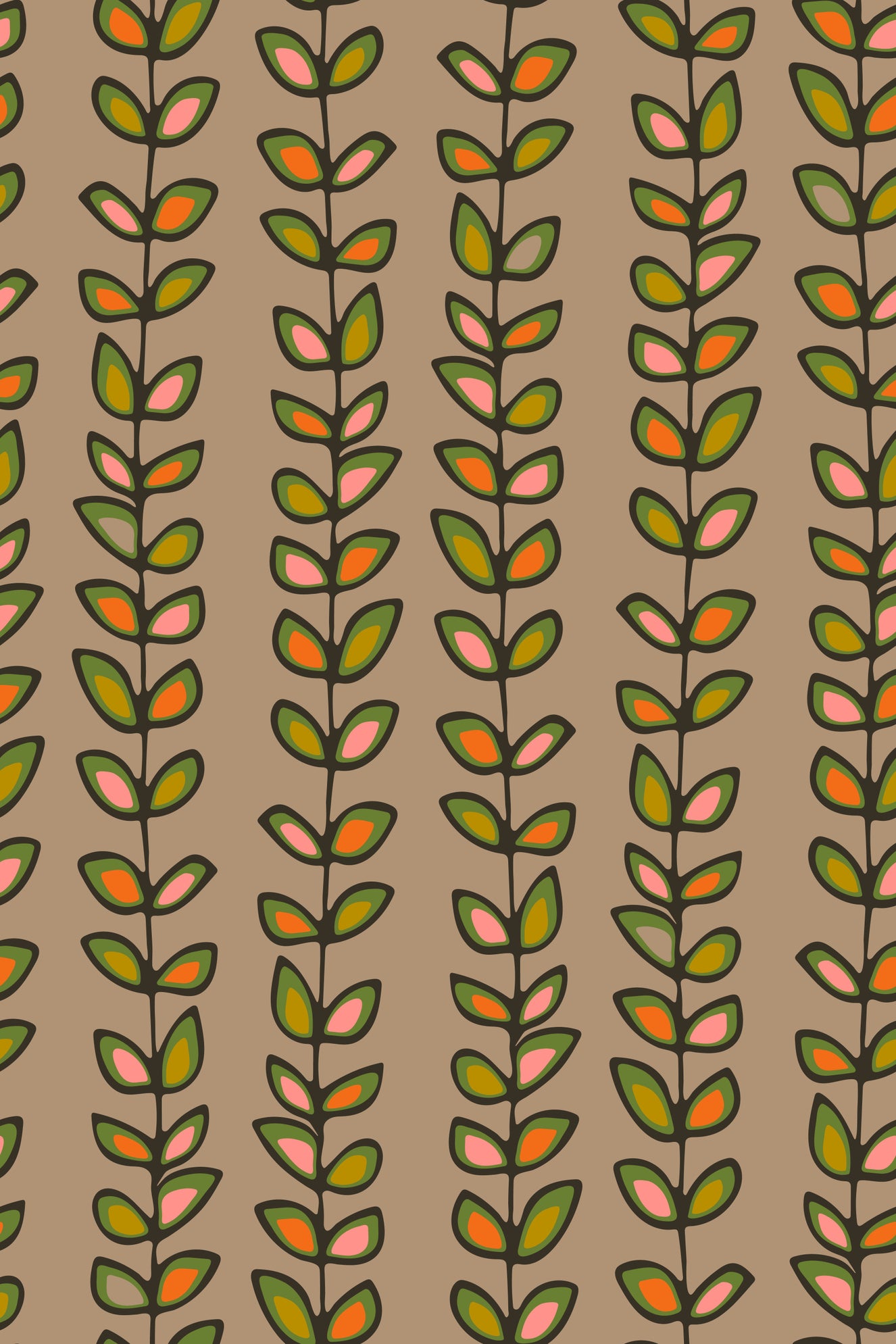 Climbing Vines Stripe Retro Leaves Warm Beige Wallpaper⁠