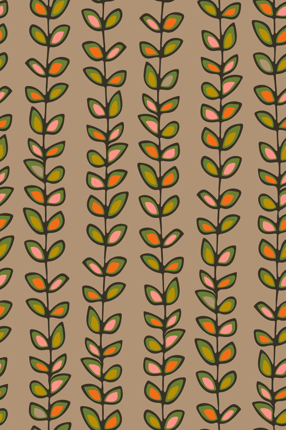 Climbing Vines Stripe Retro Leaves Warm Beige Wallpaper⁠