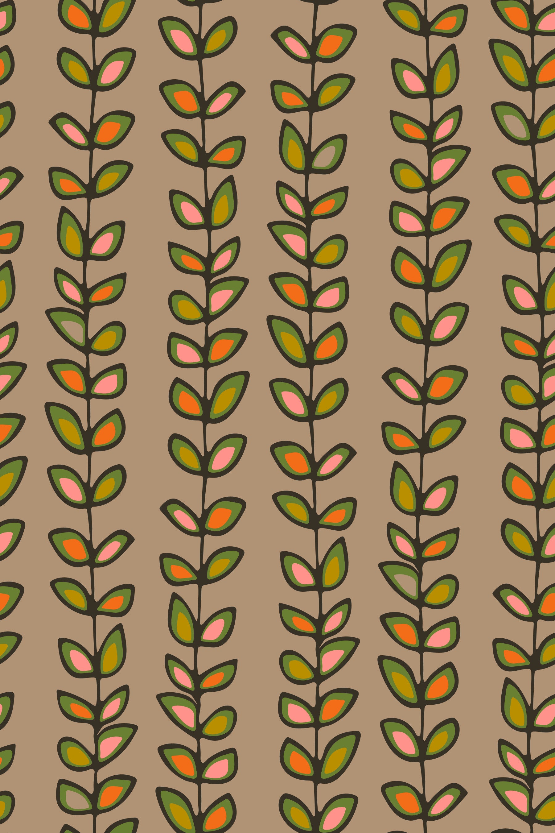 Climbing Vines Stripe Retro Leaves Warm Beige Wallpaper⁠
