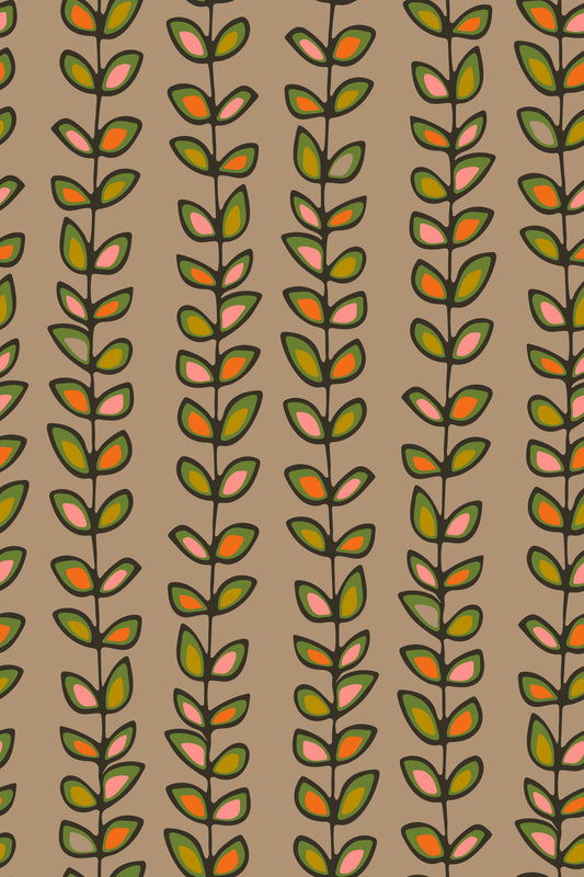 Climbing Vines Stripe Retro Leaves Warm Beige Wallpaper⁠