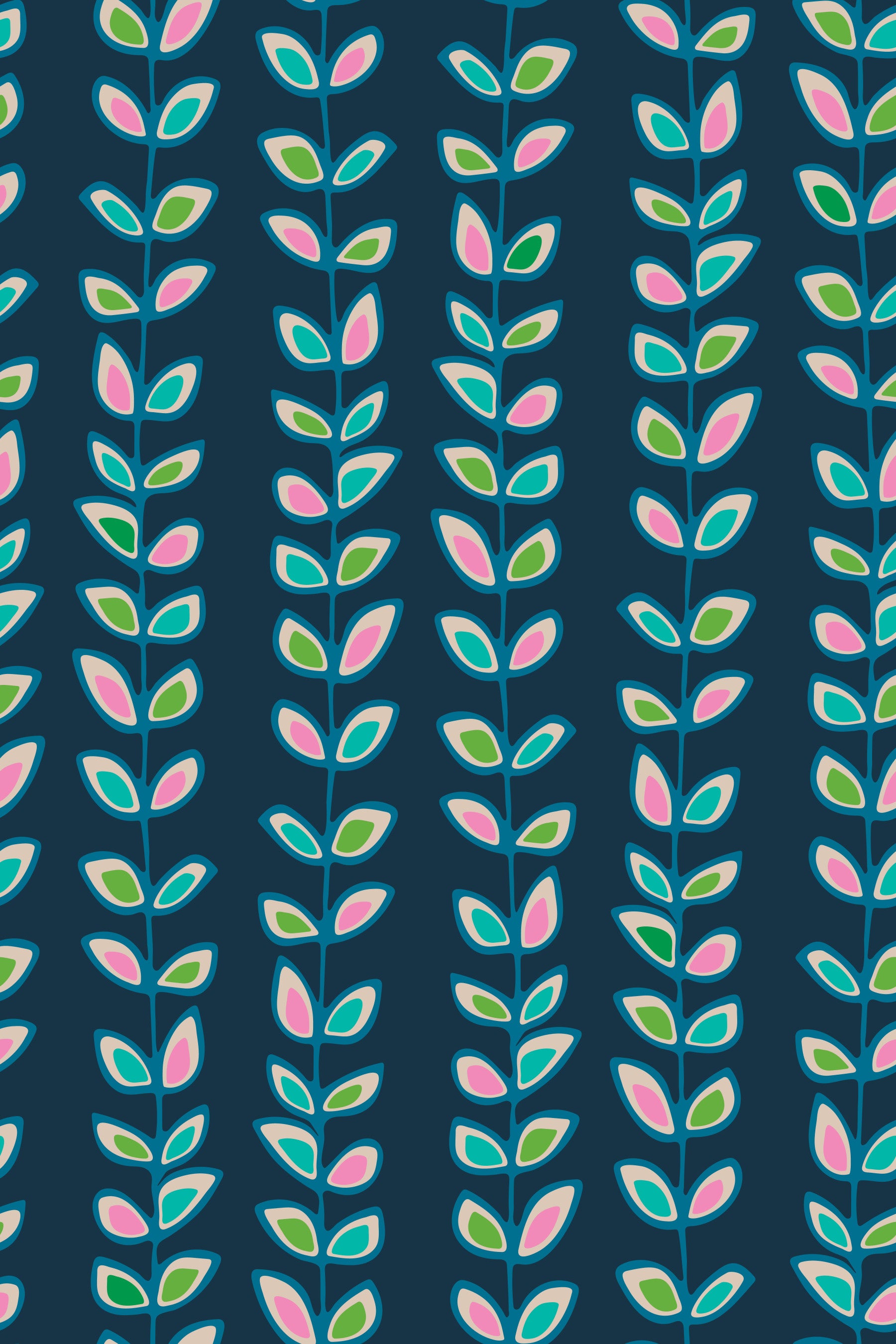 Climbing Vines Stripe Retro Leaves Navy Blue Wallpaper⁠