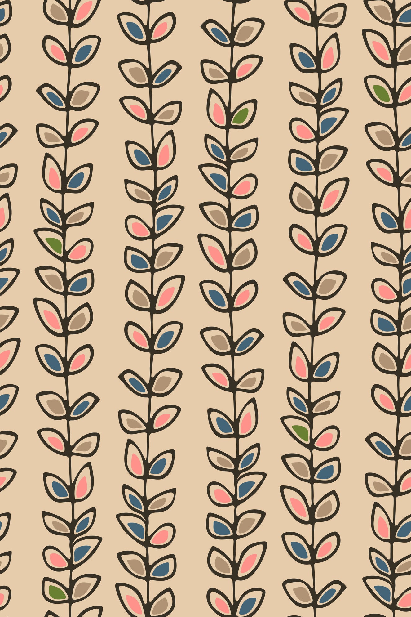 Climbing Vines Stripe Retro Leaves Cream Wallpaper⁠
