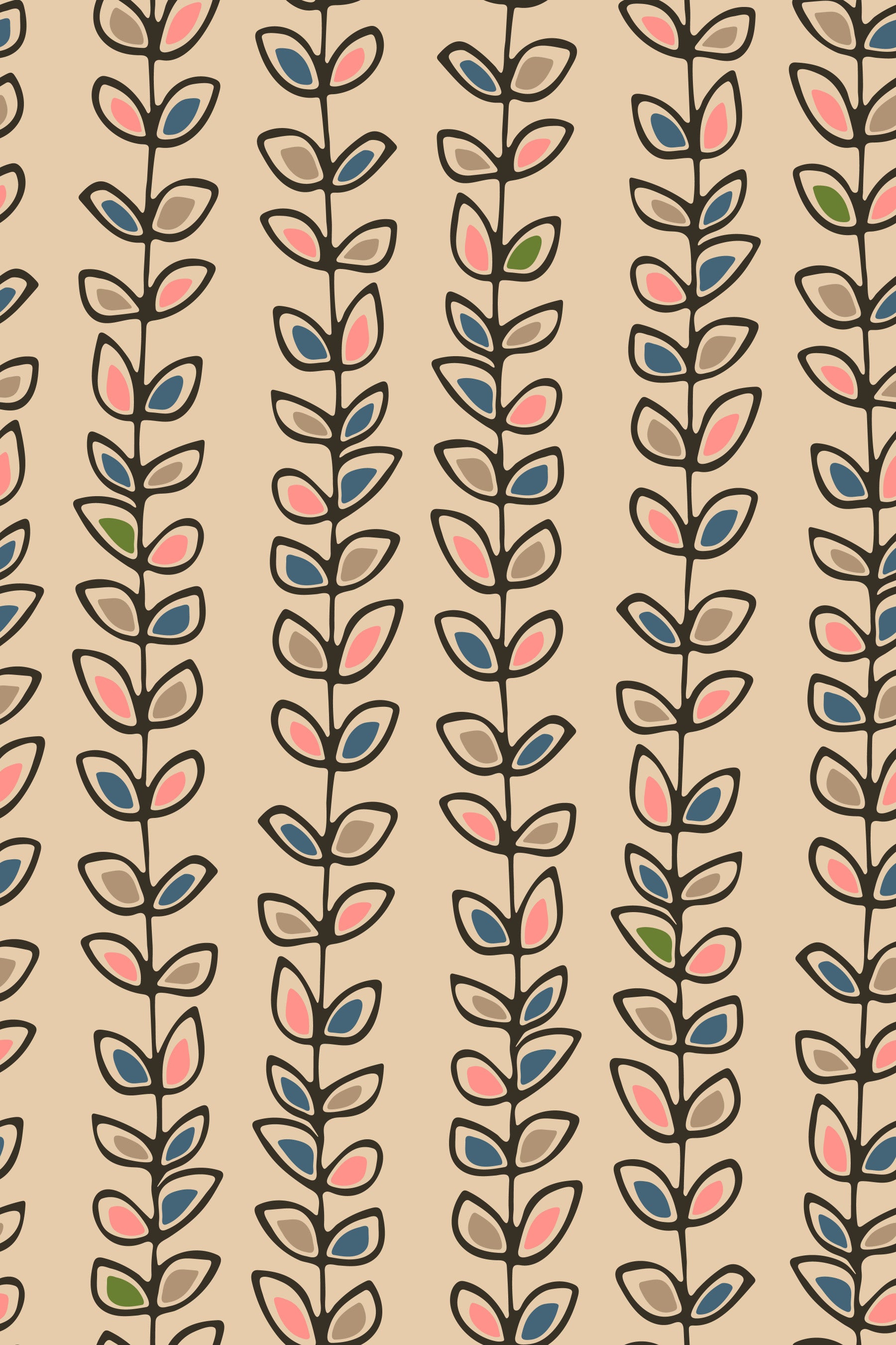 Climbing Vines Stripe Retro Leaves Cream Wallpaper⁠