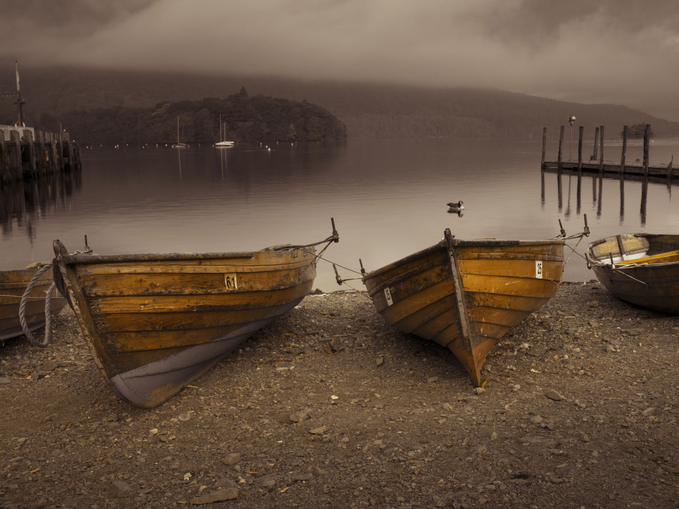 Lake Boats in Sepia Wall Mural