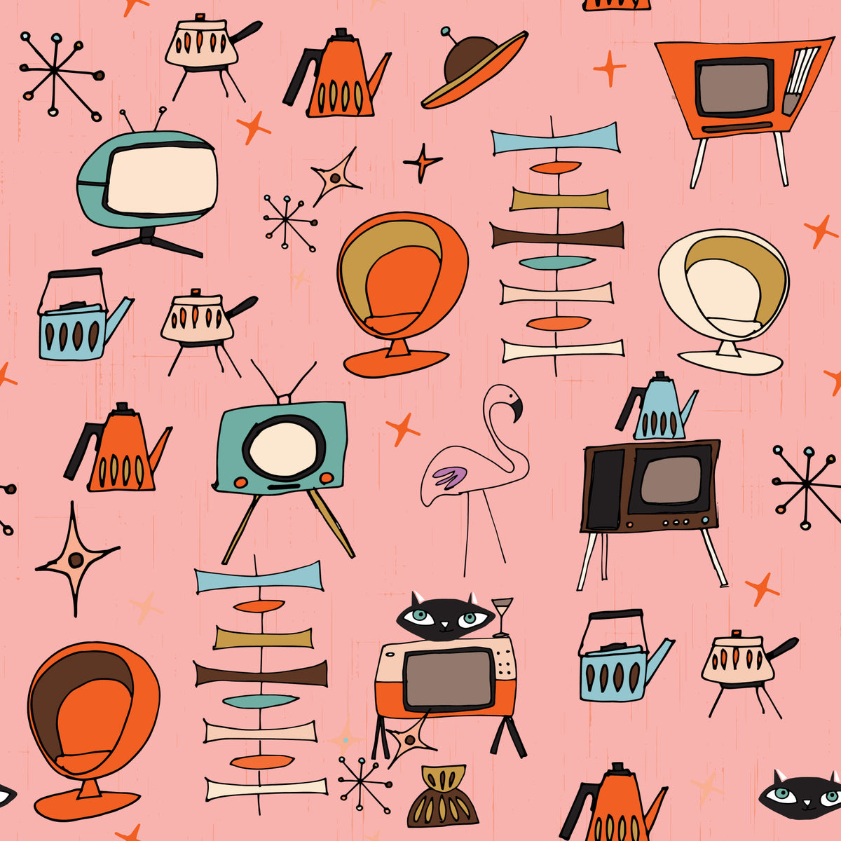 Atomic Retro Living Kitsch Pink Wallpaper⁠
