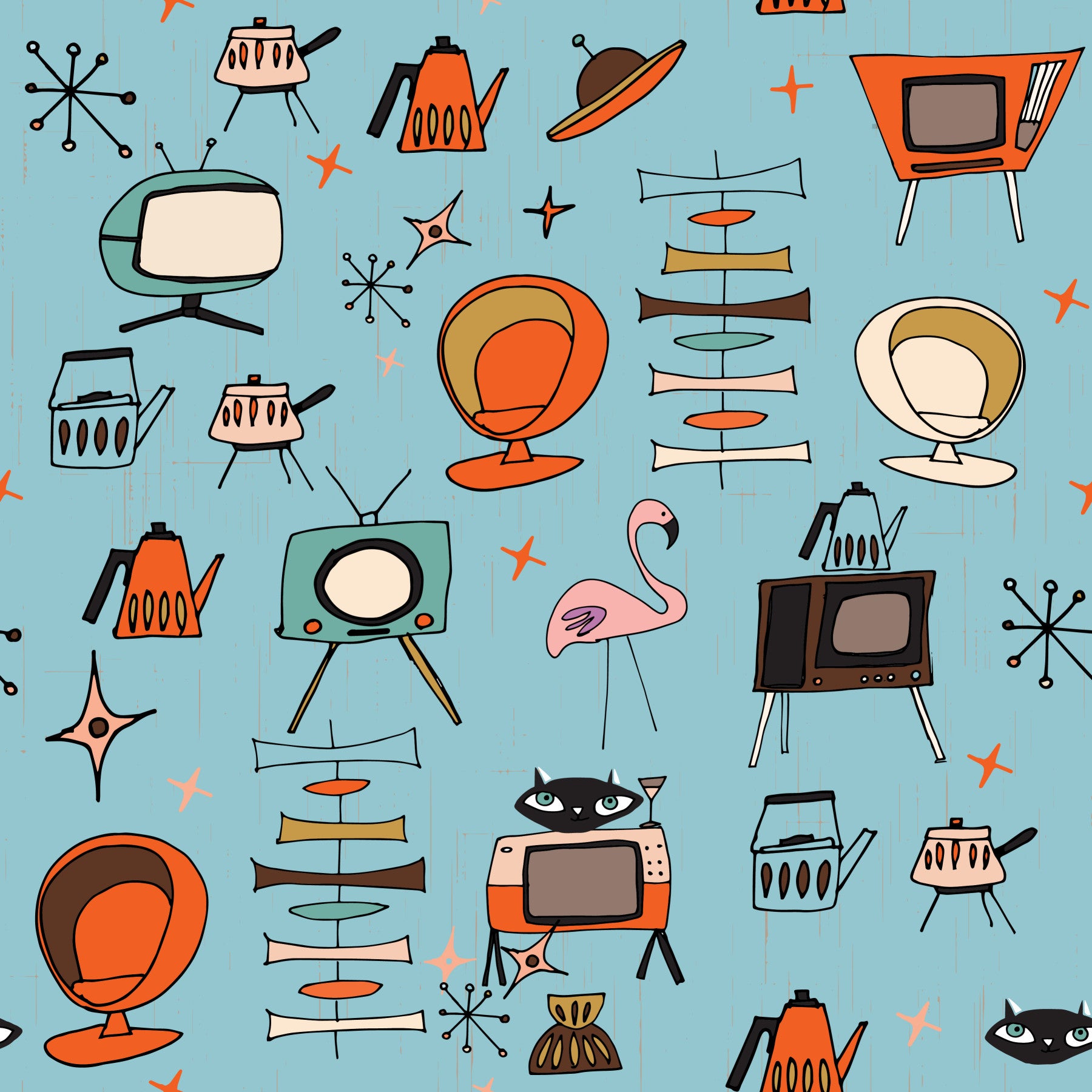 Atomic Retro Living Kitsch Blue Wallpaper⁠
