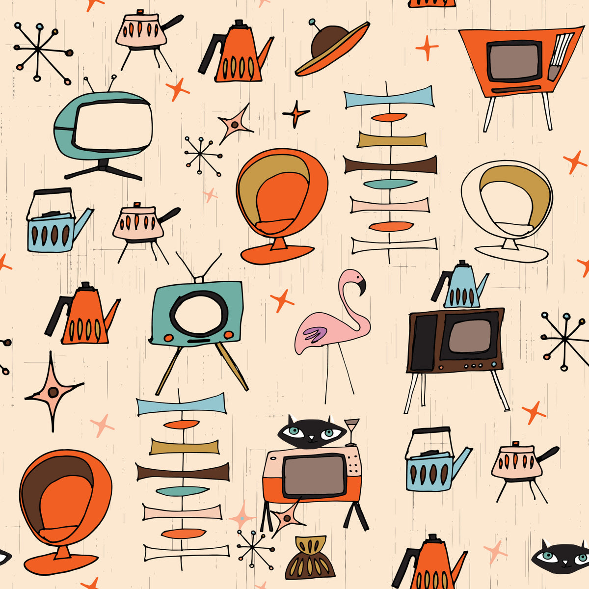 Atomic Retro Living Kitsch Beige Wallpaper⁠