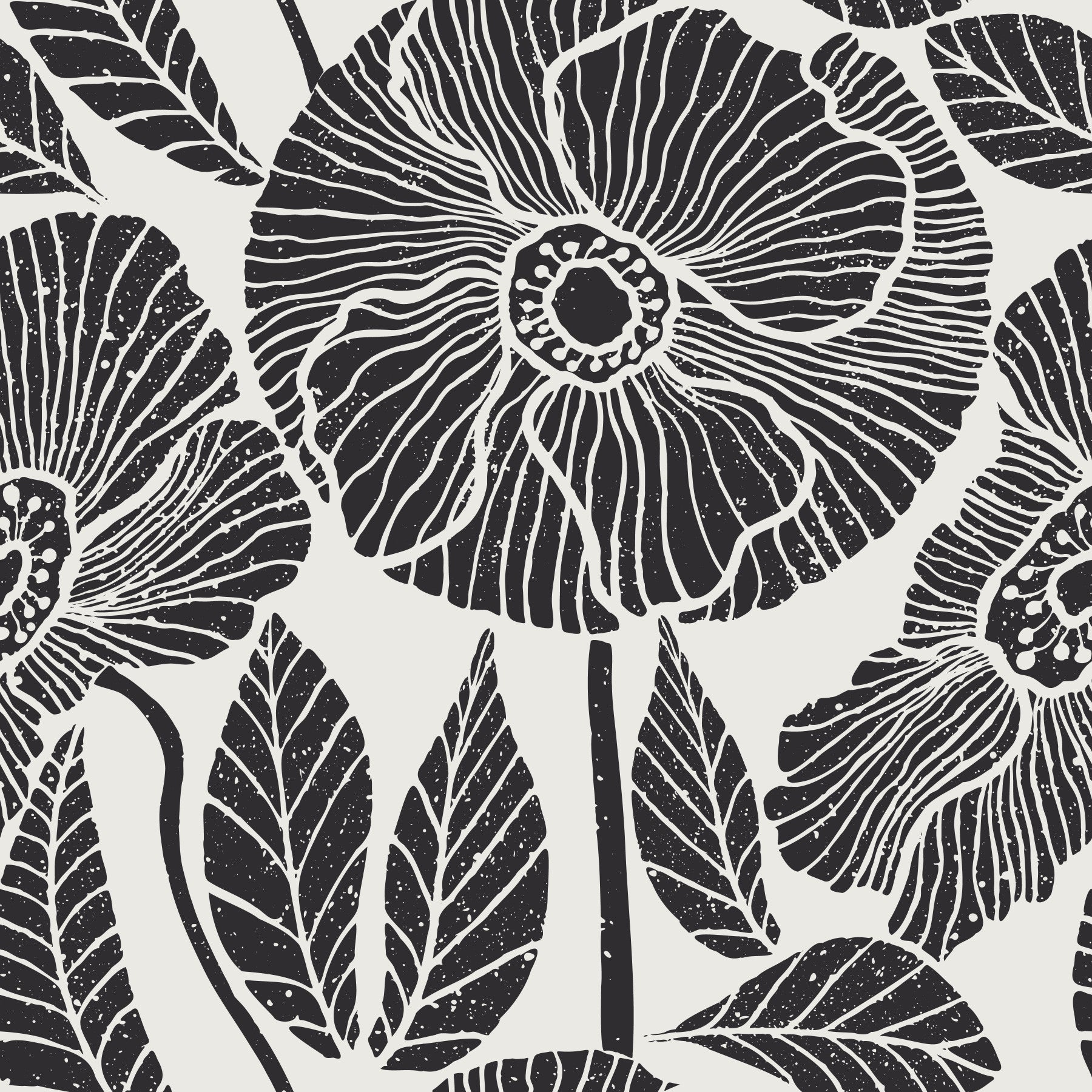 Poppy Floral Modern Black White Block Wallpaper⁠