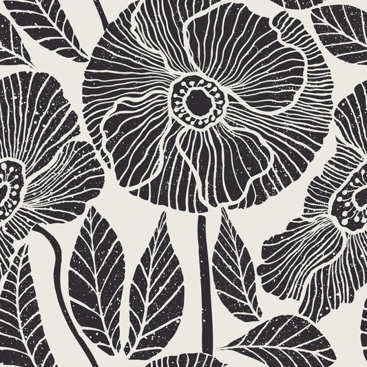 Poppy Floral Modern Black White Block Wallpaper⁠