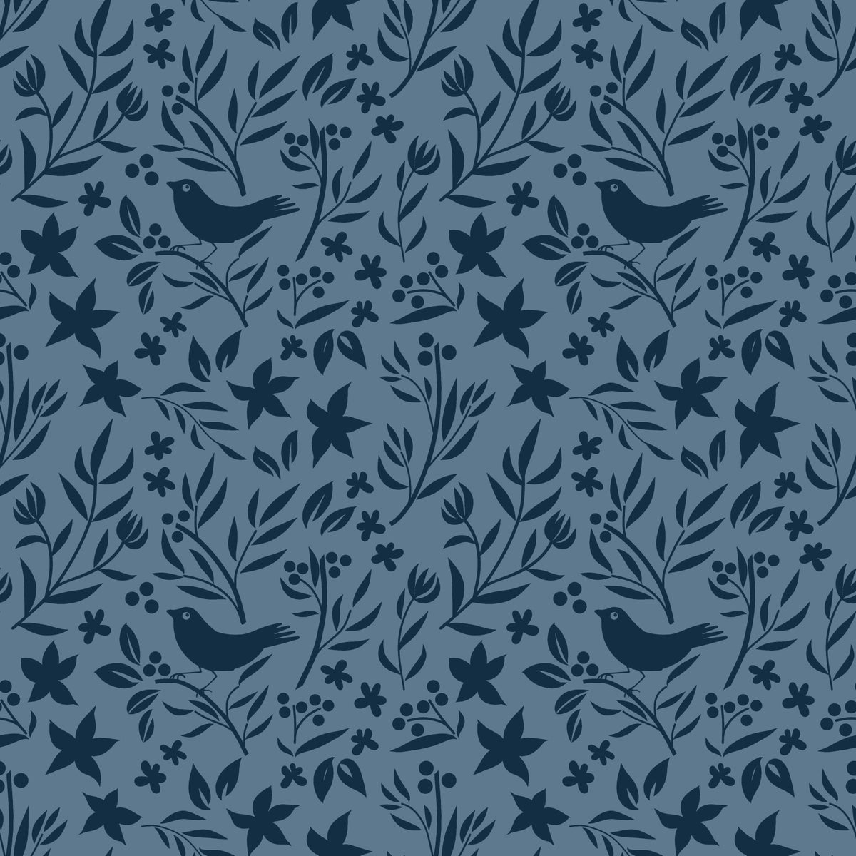 Blue Scandinavian Folk Bird Botanical Wallpaper⁠