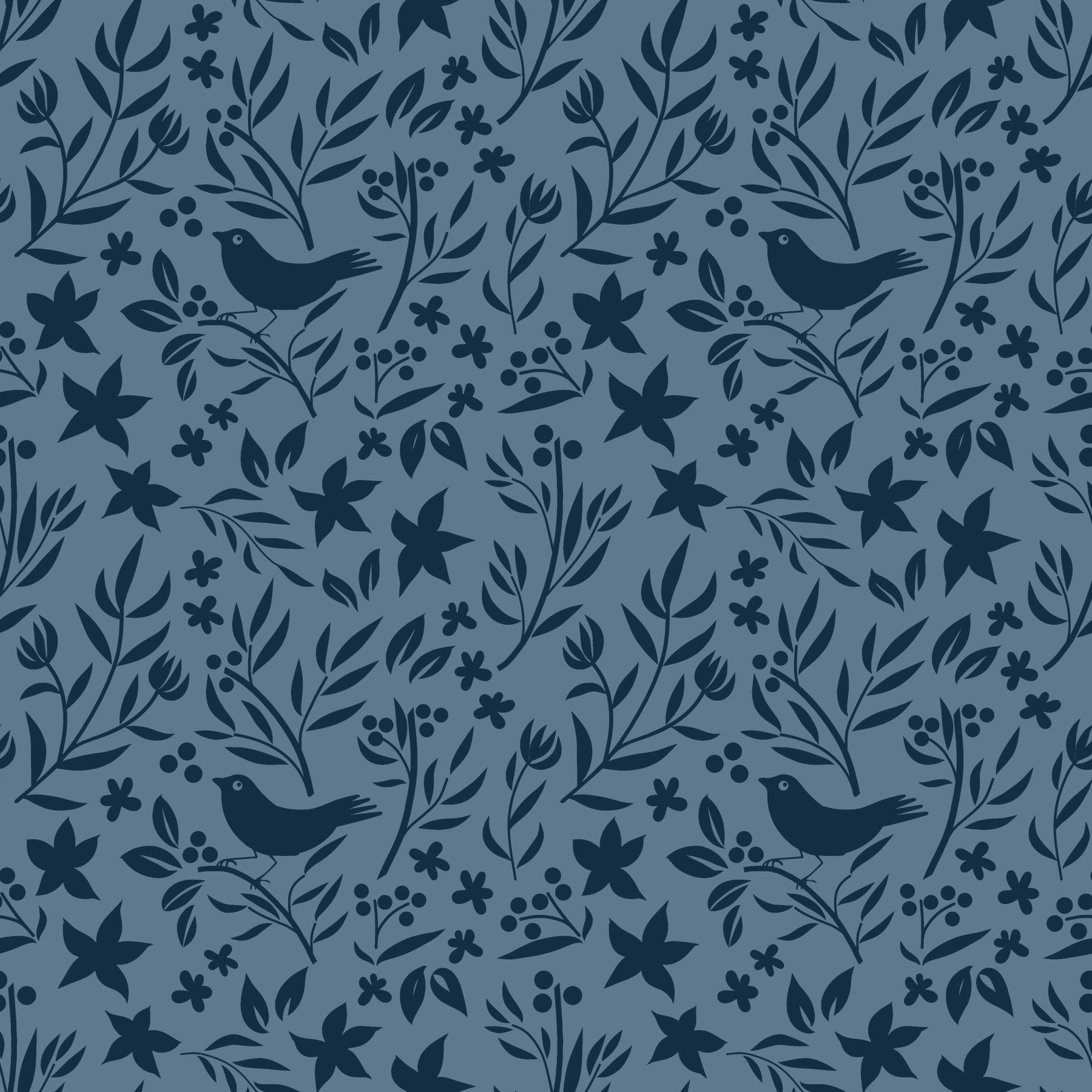 Blue Scandinavian Folk Bird Botanical Wallpaper⁠