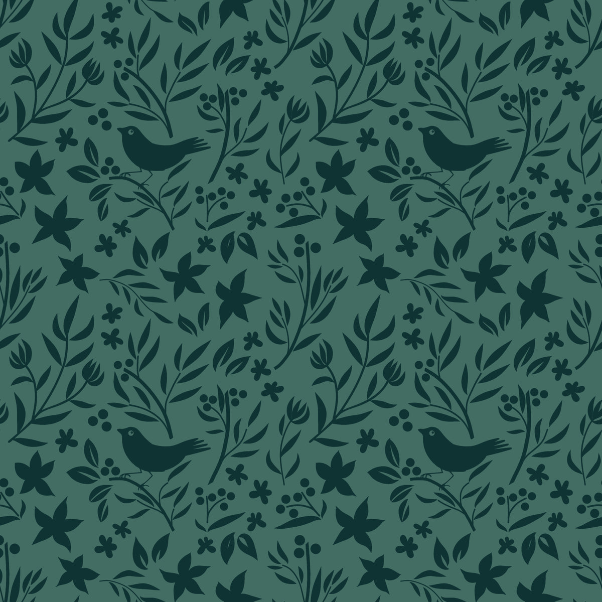 Green Scandinavian Folk Bird Botanical Theme Wallpaper⁠