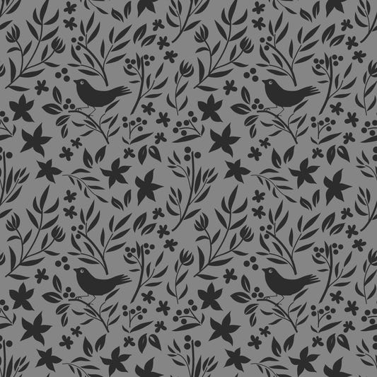 Gray Scandinavian Folk Bird Botanical Theme Wallpaper⁠