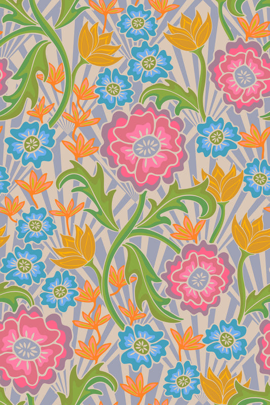Maybelle Art Nouveau Floral Deco Geometric Retro Pink Orange Blue Green Wallpaper⁠