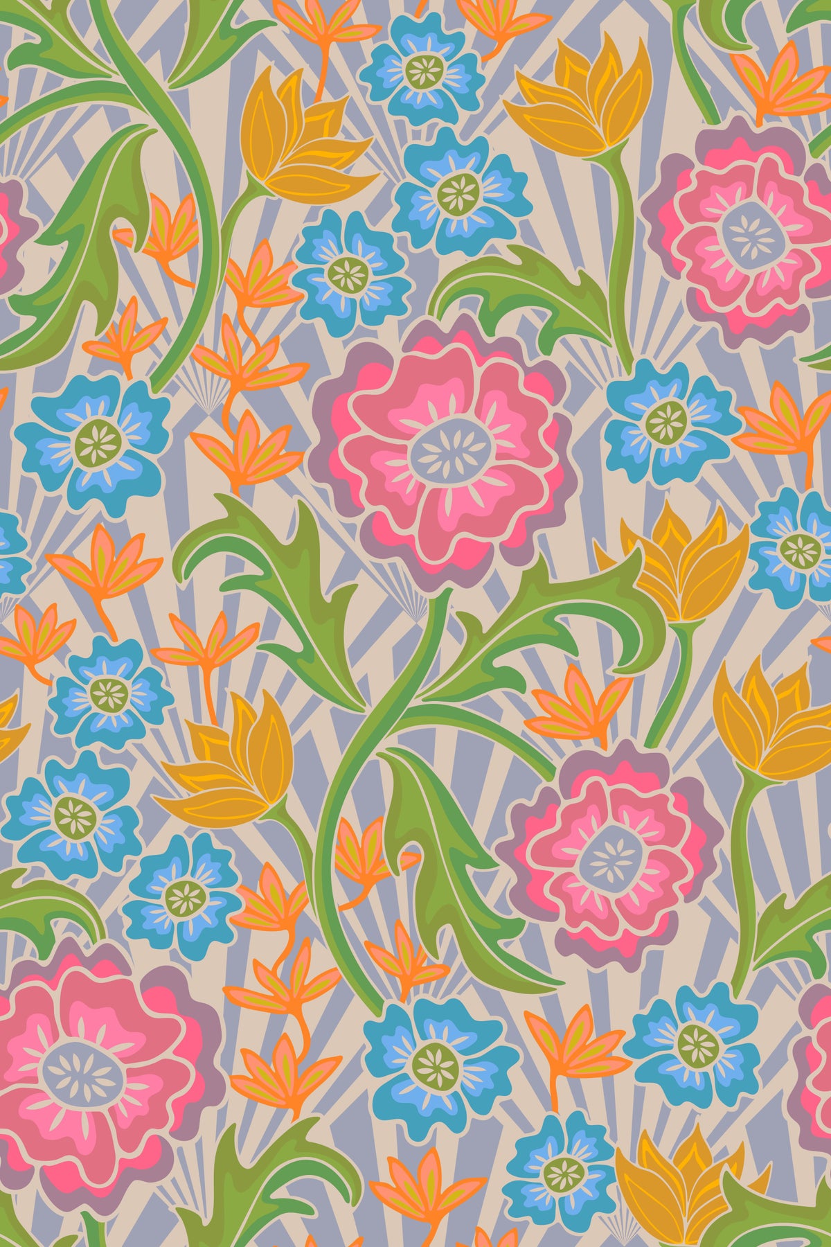 Maybelle Art Nouveau Floral Deco Geometric Retro Pink Orange Blue Green Wallpaper⁠ in your room — zoomed