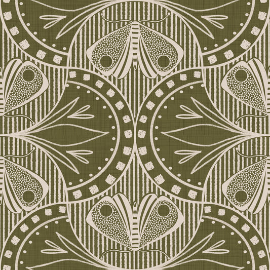Art Nouveau Butterfly Floral in Olive Drab Wallpaper⁠