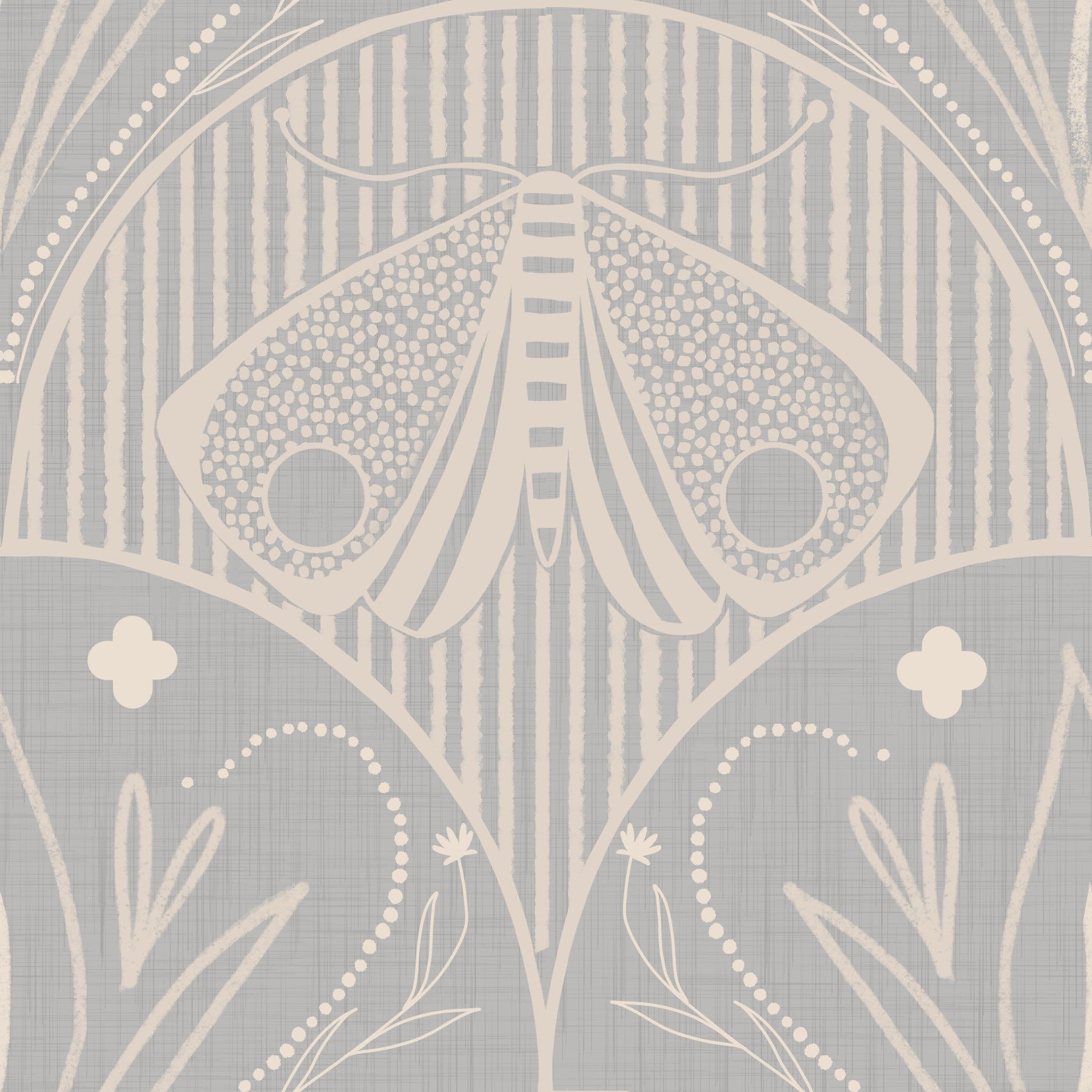 Boho Art Nouveau Scallop Butterfly Floral in Light Grey Wallpaper⁠