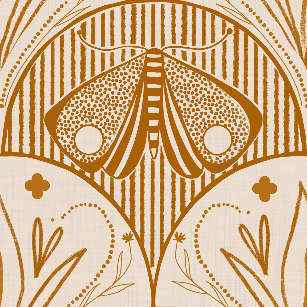 Boho Art Nouveau Scallop Butterfly Floral in Cream and Burnt Orange Wallpaper⁠