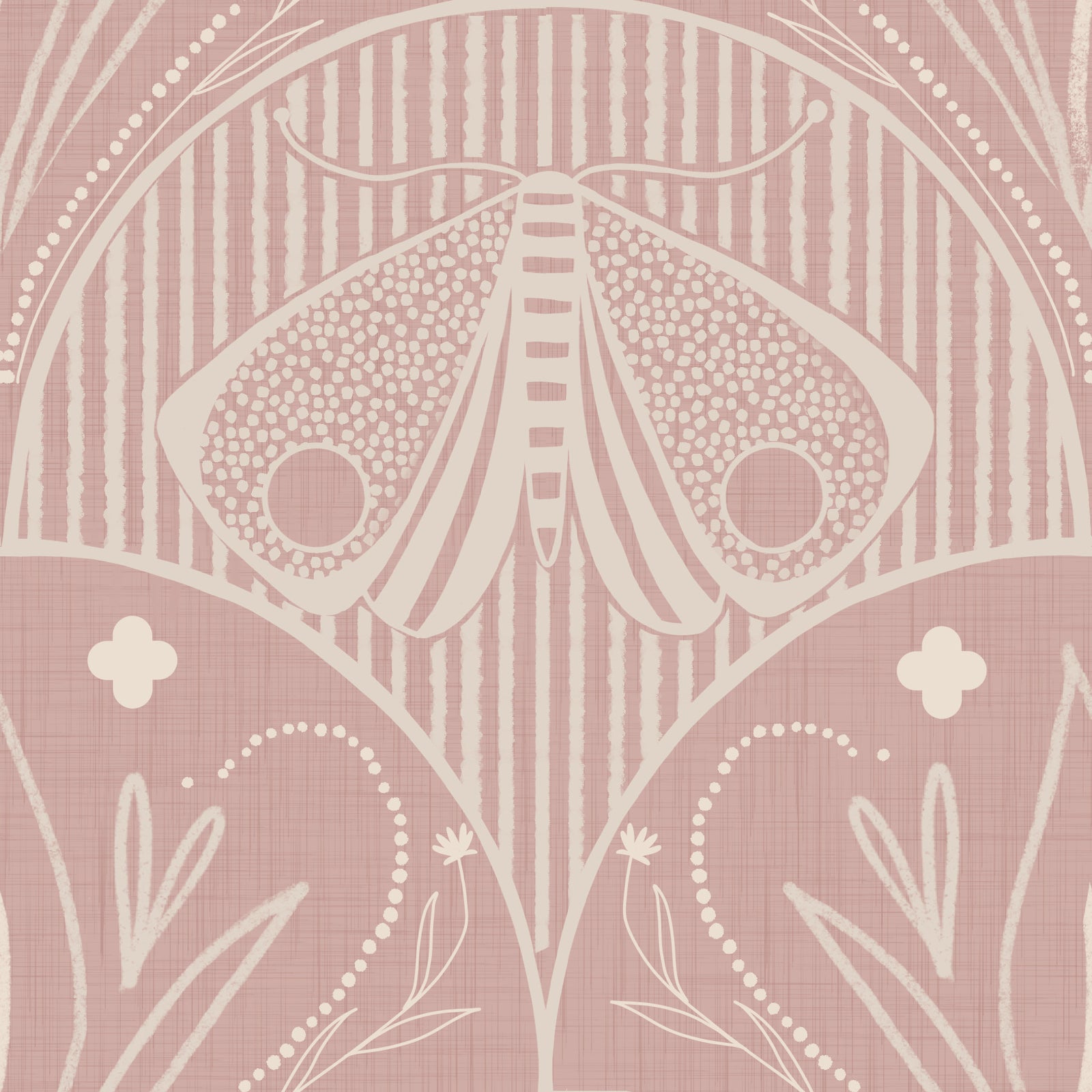 Boho Art Nouveau Scallop Butterfly Floral in Cream and Dust Pink Wallpaper⁠
