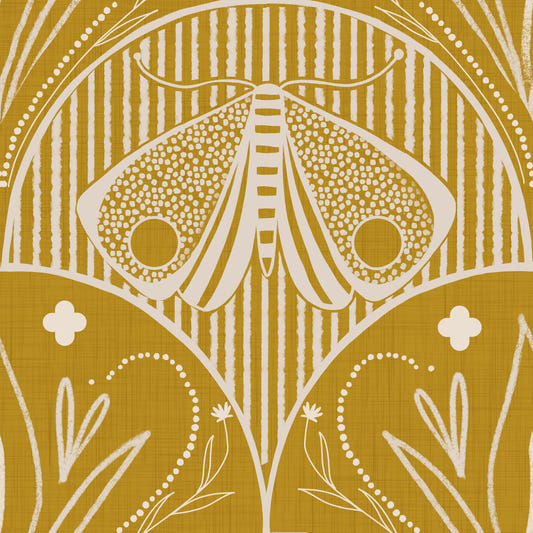 Boho Art Nouveau Scallop Butterfly Floral in Mustard Gold Wallpaper⁠