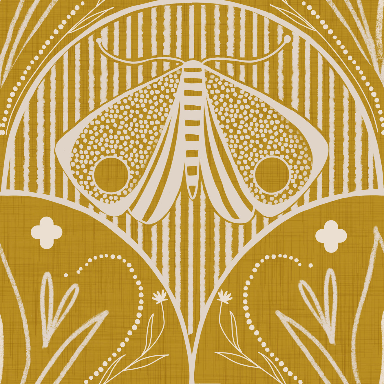 Boho Art Nouveau Scallop Butterfly Floral in Mustard Gold Wallpaper⁠