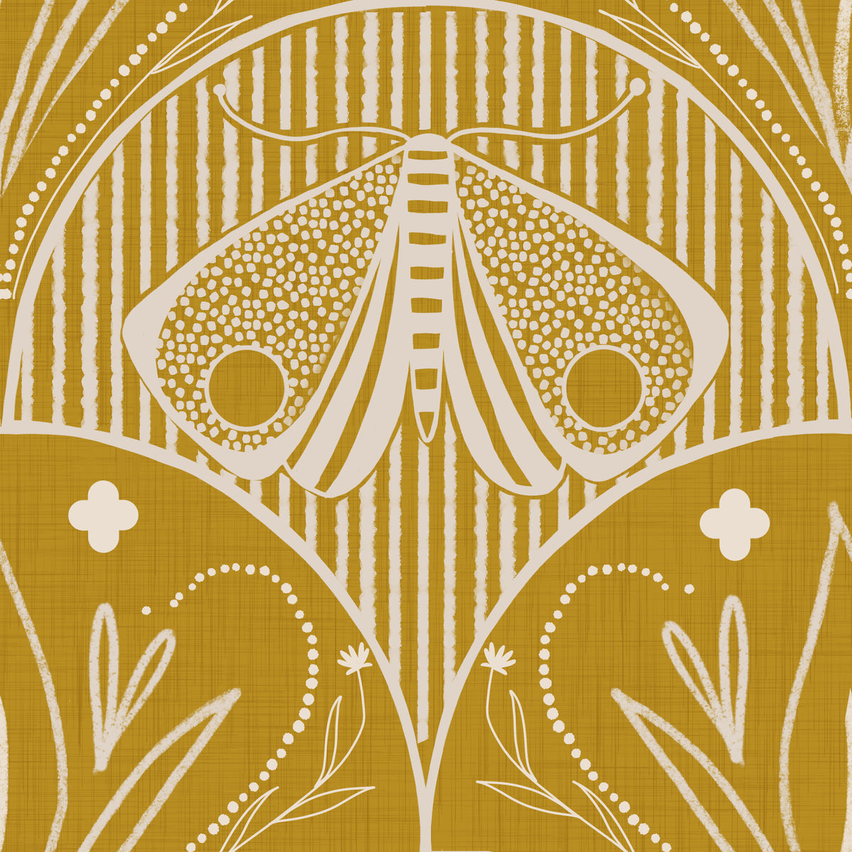 Boho Art Nouveau Scallop Butterfly Floral in Mustard Gold Wallpaper⁠ in your room — zoomed