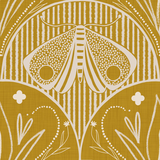 Boho Art Nouveau Scallop Butterfly Floral in Mustard Gold Wallpaper⁠