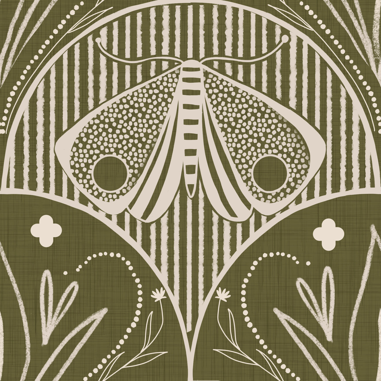 Boho Art Nouveau Scallop Butterfly Floral in Olive Drab Wallpaper⁠