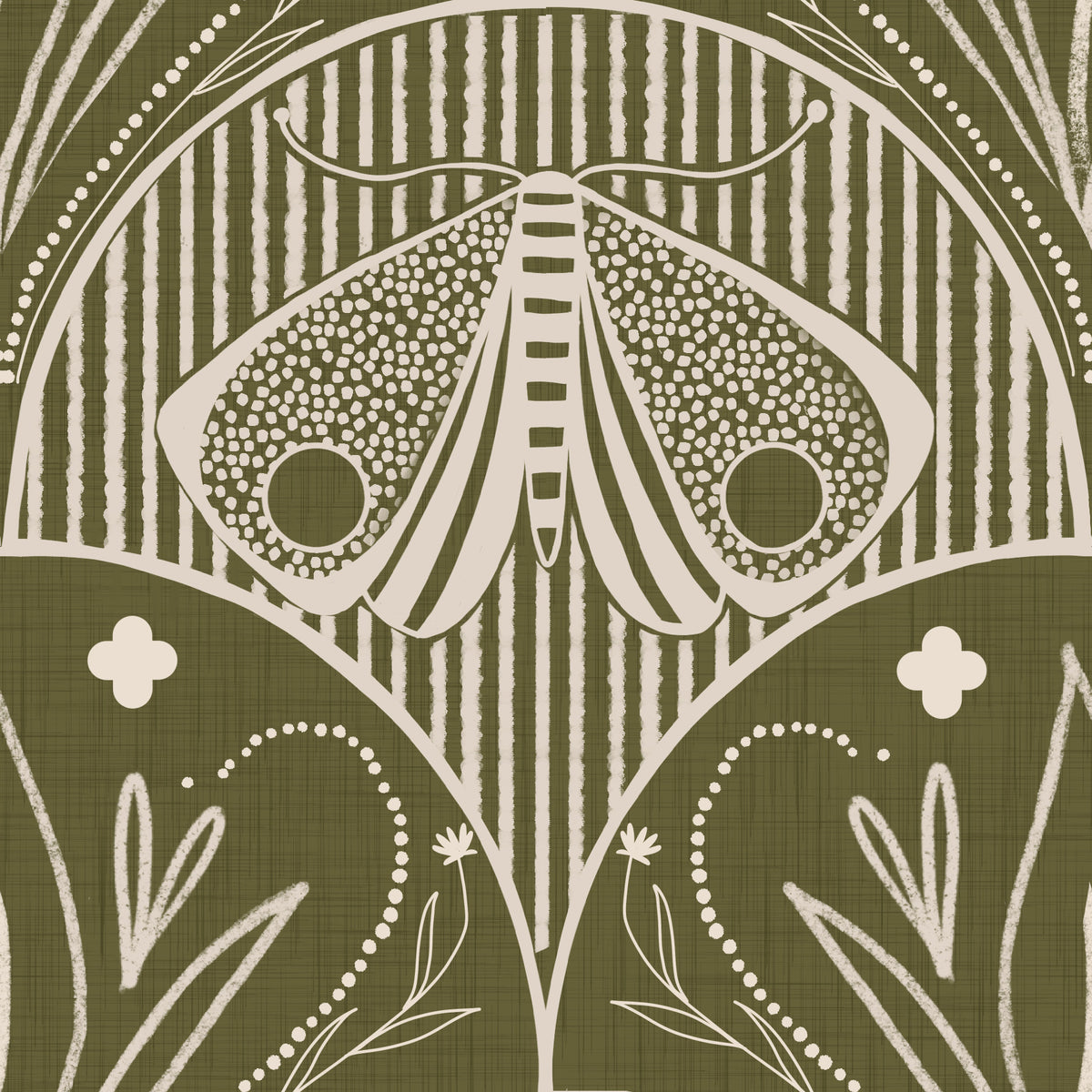 Boho Art Nouveau Scallop Butterfly Floral in Olive Drab Wallpaper⁠
