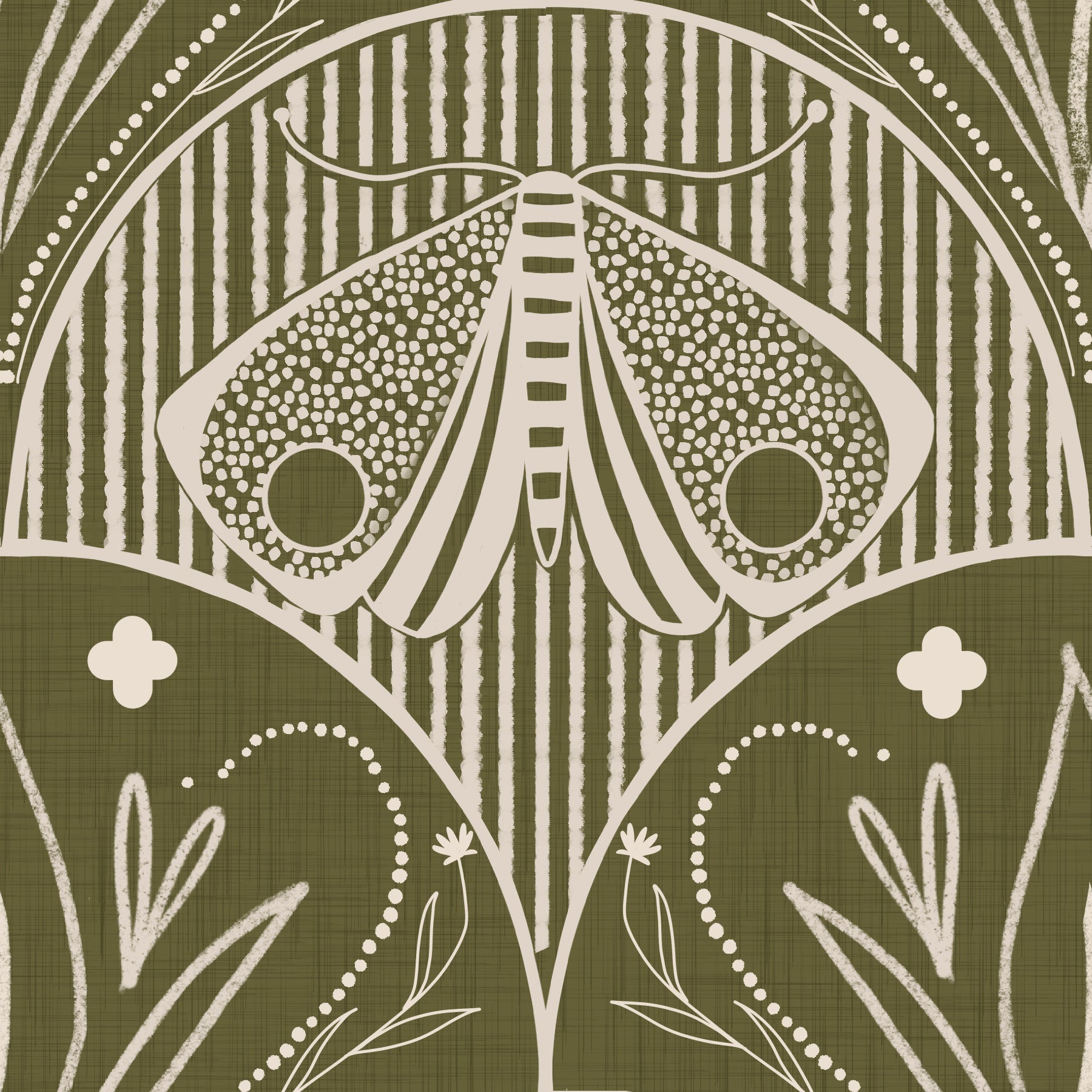 Boho Art Nouveau Scallop Butterfly Floral in Olive Drab Wallpaper⁠