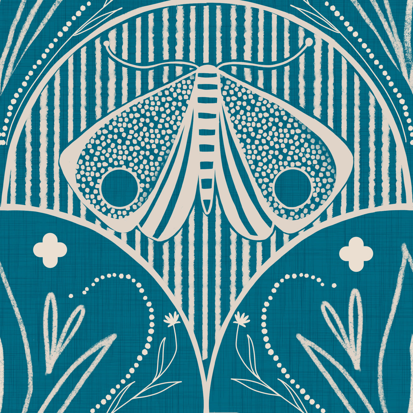 Boho Art Nouveau Scallop Butterfly Floral in Teal Blue Wallpaper⁠