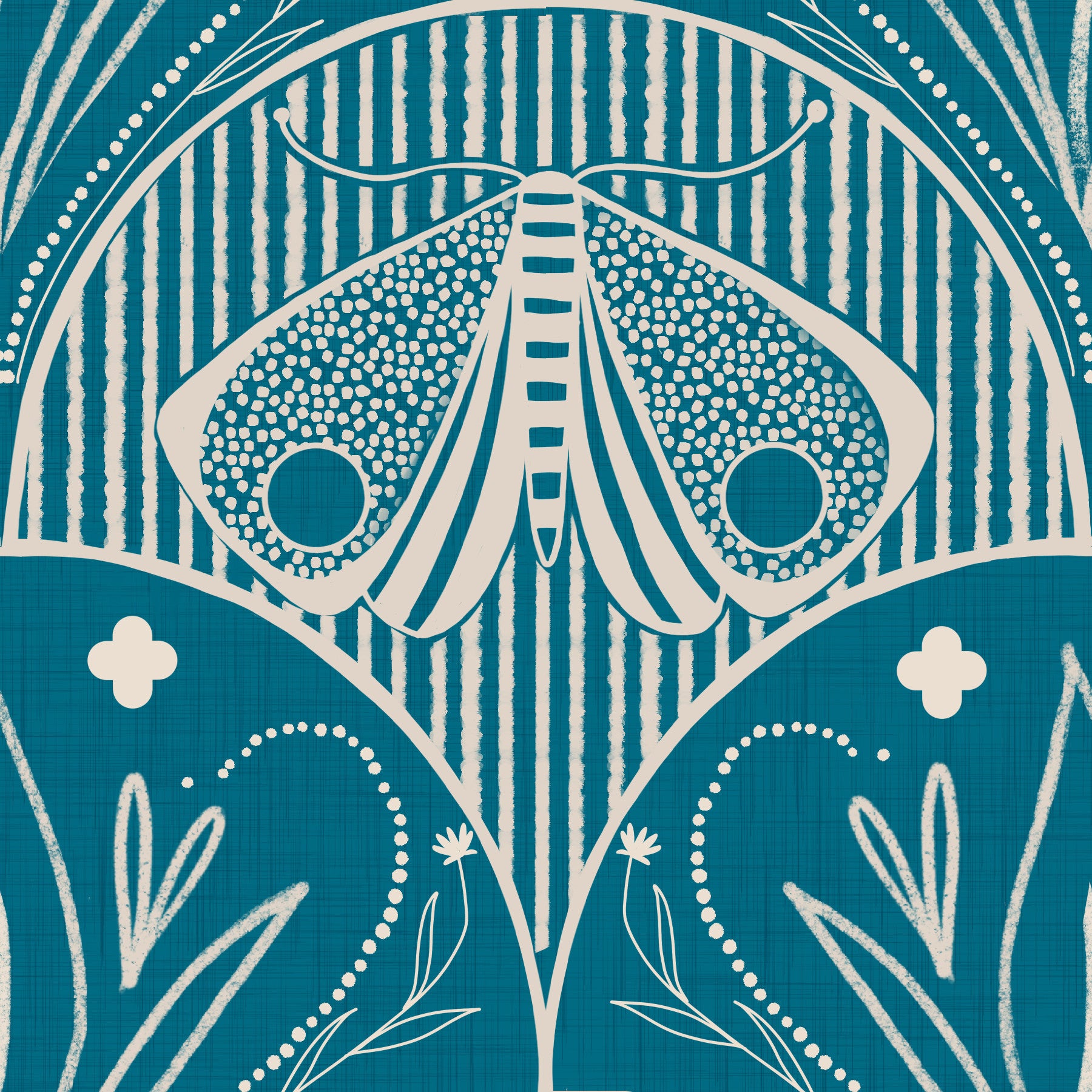 Boho Art Nouveau Scallop Butterfly Floral in Teal Blue Wallpaper⁠