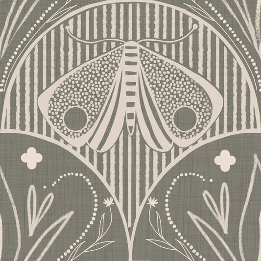 Boho Art Nouveau Scallop Butterfly Floral in Warm Taupe Grey Wallpaper⁠