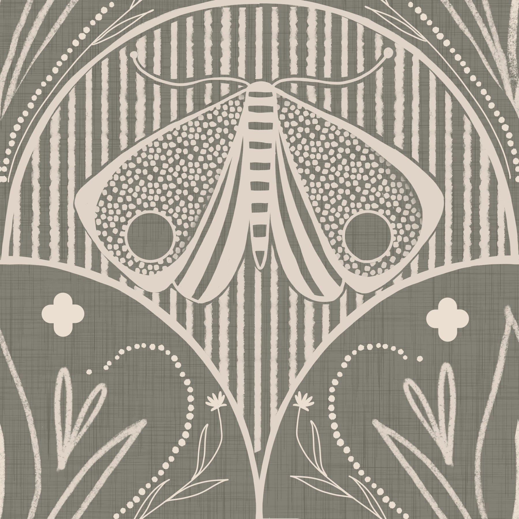 Boho Art Nouveau Scallop Butterfly Floral in Warm Taupe Grey Wallpaper⁠