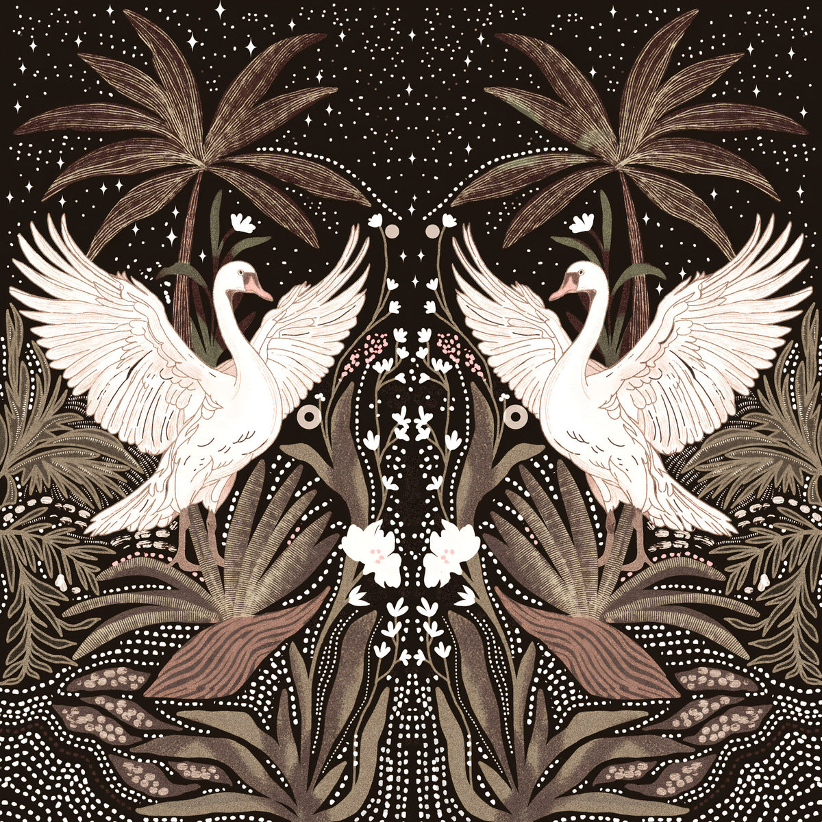 Swan Nightfall Serenity Wall Mural in your room — zoomed