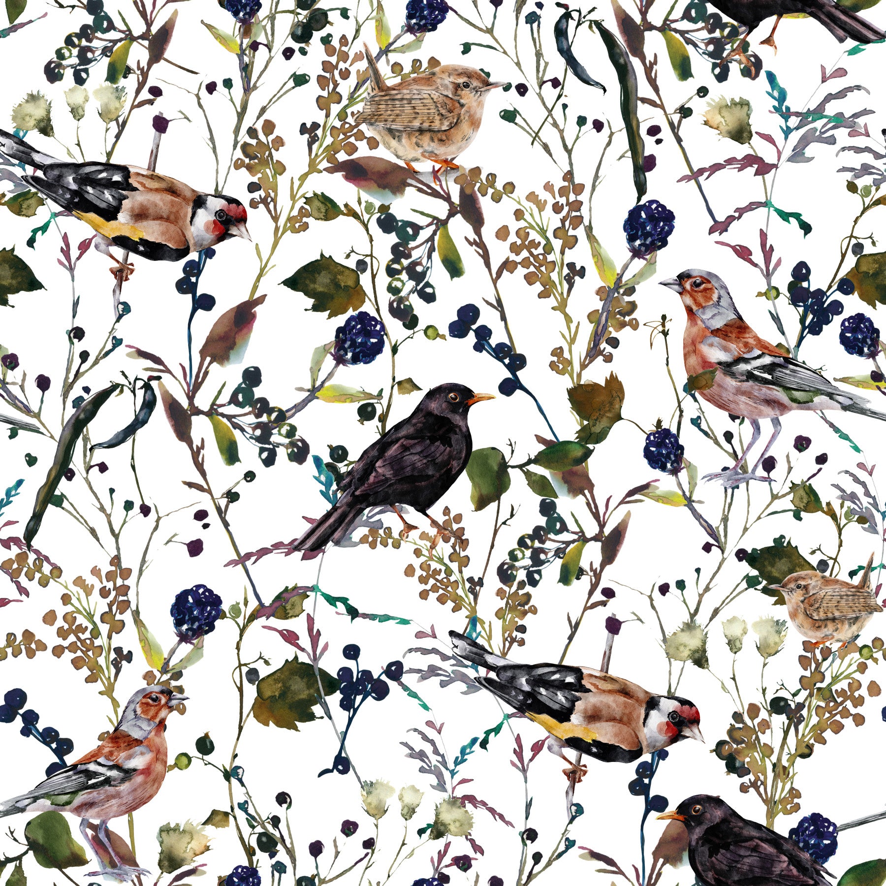 Birds & Berries Wintry Watercolor Wallpaper⁠